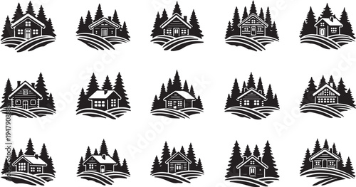 Black and white houses with pine trees illustration