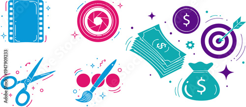 A colorful vector graphic illustration of various business and finance icons, including money, targets, and creative tools.