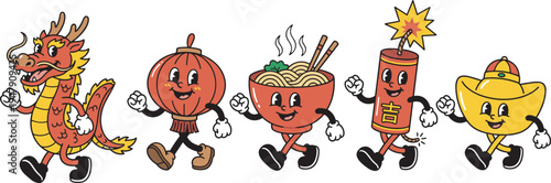Chinese festival mascot characters set, dragon lantern noodles firecracker ingot cartoon icons vector illustration