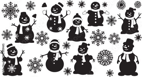 Black Silhouette Snowmen and Snowflakes Winter Scene