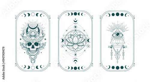 Set of three esoteric mystical occult symbols with skull lotus and eye of providence in line art