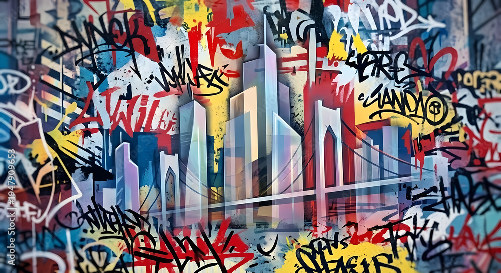 Obraz premium Chaotic modern metropolis energy capturing an abstract skyline with bridges overlaid by a dense carpet of colorful graffiti generative AI