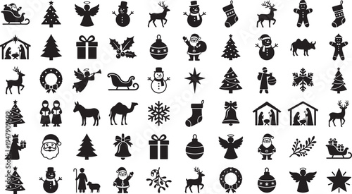 Christmas holiday silhouettes set, Santa reindeer tree angel snowman gift sleigh festive winter decoration icons collection