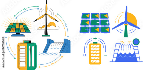 A vector graphic illustration of renewable energy sources and sustainable power generation