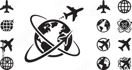 Travel and transportation icons around the world globe