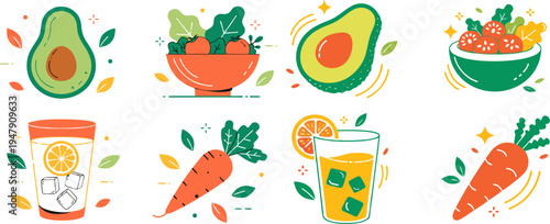 A colorful vector graphic illustration of healthy food icons including avocado, salad, carrot, and juice