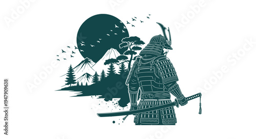 Ancient Japanese Samurai Warrior in Traditional Armor with Katana, Mount Fuji and Sun Silhouette