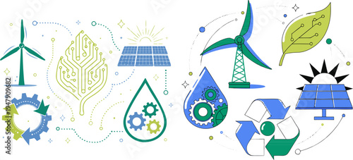 A vector graphic illustration of eco-friendly icons and symbols for sustainable energy and environmental conservation