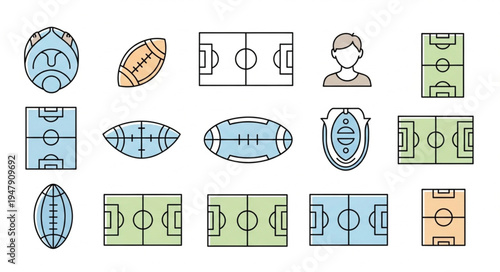 American Football Icons - Fields, Balls, and Player Illustration.