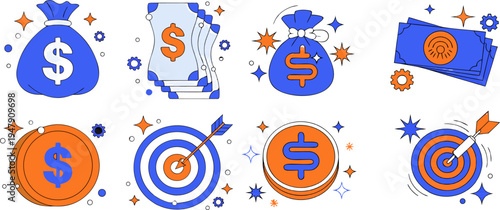 A set of colorful vector icons representing finance and investment concepts