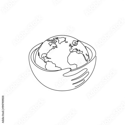 A minimalist line art illustration of a hand cradling the Earth, symbolizing global care and protection.