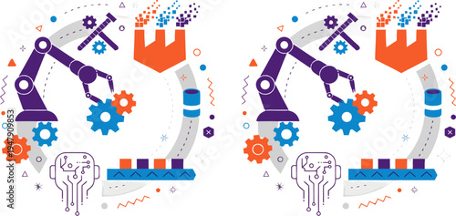 A colorful vector graphic illustration of robotic arms and gears in a circular design