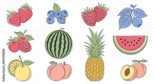 A colorful vector illustration of various fresh fruits, including strawberries, blueberries, raspberries, watermelon, pineapple, peaches, and lemons.