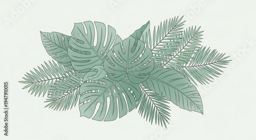 A minimalist vector illustration of a lush green tropical leaf arrangement on a pale background