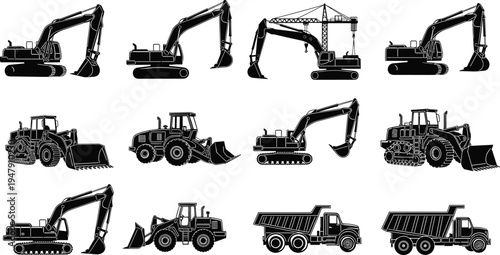 Construction vehicles silhouettes, heavy machinery icons, excavator bulldozer crane dump truck loader, industrial equipment illustration set for building industry design