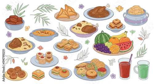 A colorful vector illustration of various food items and drinks arranged on plates and in bowls with decorative leaves and flowers