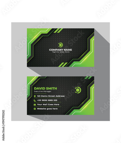 A modern business card design with a black and green color scheme