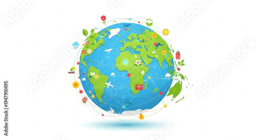 A colorful vector illustration of the Earth with various icons and symbols surrounding it