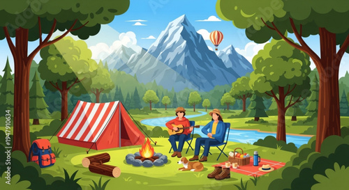 A serene camping scene with a couple sitting by a campfire in a beautiful natural landscape with mountains and a lake