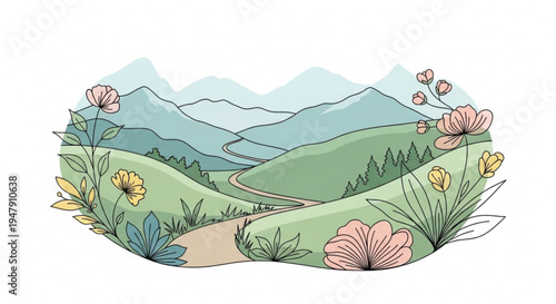 A colorful vector illustration of a serene mountain landscape with a winding road and vibrant flowers