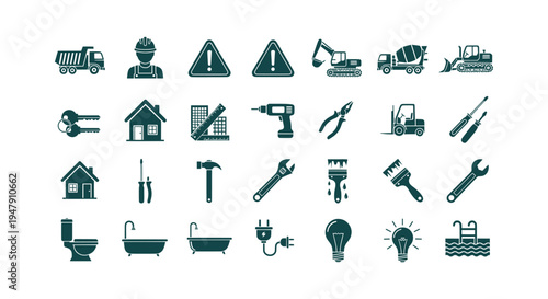 Professional construction tool and home renovation equipment flat vector icons set for web design