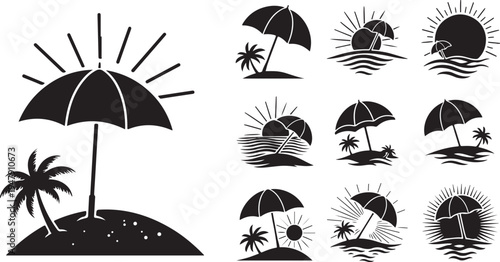 Black and white beach umbrella vector icons set
