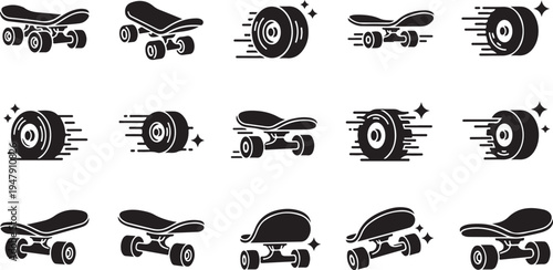 Skateboard icons in motion on white background
