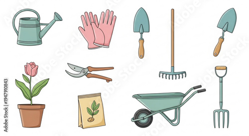 A colorful vector illustration of gardening tools and accessories on a white background