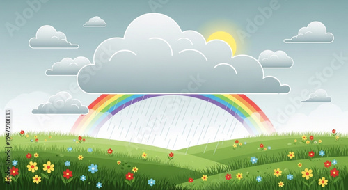 A colorful vector illustration of a rainbow emerging from a cloud over a vibrant green field with flowers