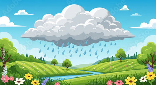 A colorful cartoon landscape with a large cloud raining down on a green field with flowers and trees
