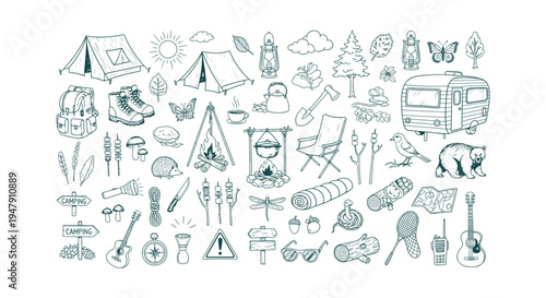 Camping and hiking hand drawn doodle set with forest animals, camping gear, tent, and nature icons.