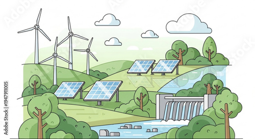 A vector graphic illustration of renewable energy sources including solar panels and wind turbines in a natural landscape with a dam and trees