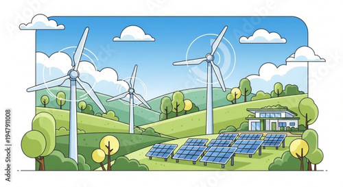 A vector illustration of a serene landscape with wind turbines and solar panels generating renewable energy