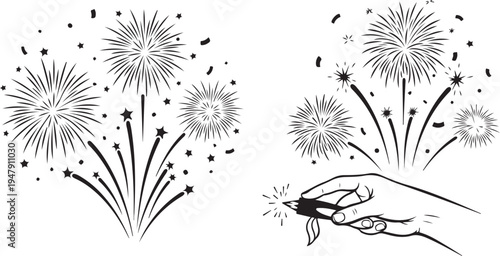 Fireworks Explosion in Hand and Air Illustration Set
