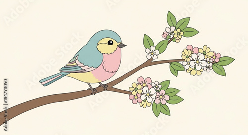 A colorful bird perched on a blooming branch with flowers and leaves in a minimalist vector illustration
