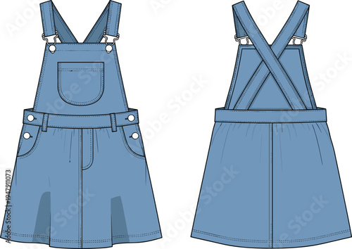 Denim overall dress flat sketch, women’s fashion technical drawing, front and back view, bib pocket, pleated skirt, garment construction illustration
