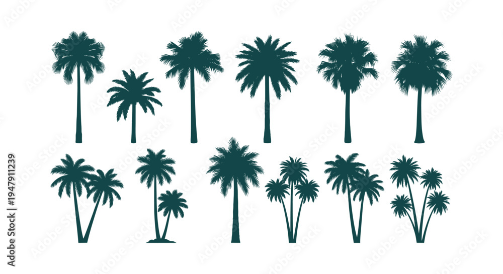 Fototapeta premium Collection of tropical palm tree silhouettes isolated on white background for travel and beach theme