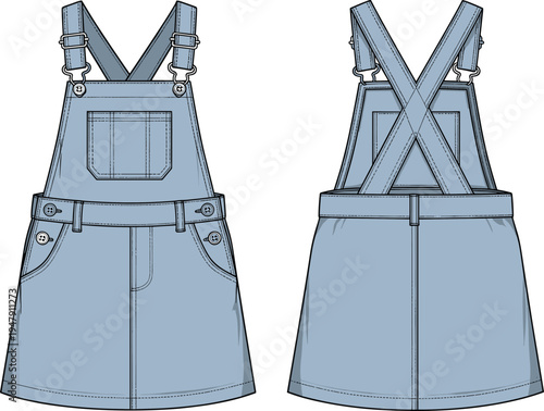 Denim overall dress flat sketch, women’s fashion technical drawing, front and back view, bib pocket, adjustable straps, garment construction illustration