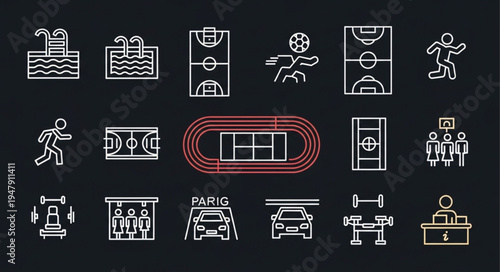 Sports and Recreation Icons - Swimming, Fields, Track, and More.