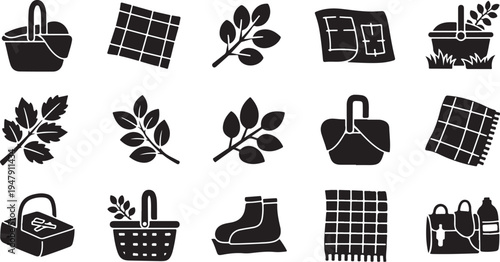 Picnic and outdoor icons in black and white