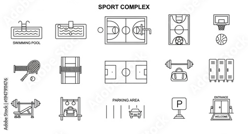 Sport Complex Facilities - Swimming Pool, Basketball Court, and Gym Equipment.