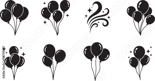 Black balloons and festive decorations on white background