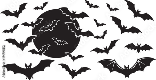 Black bats flying around full moon silhouette vector graphic