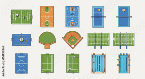 Overhead View of Various Sports Fields and Courts Illustrations.