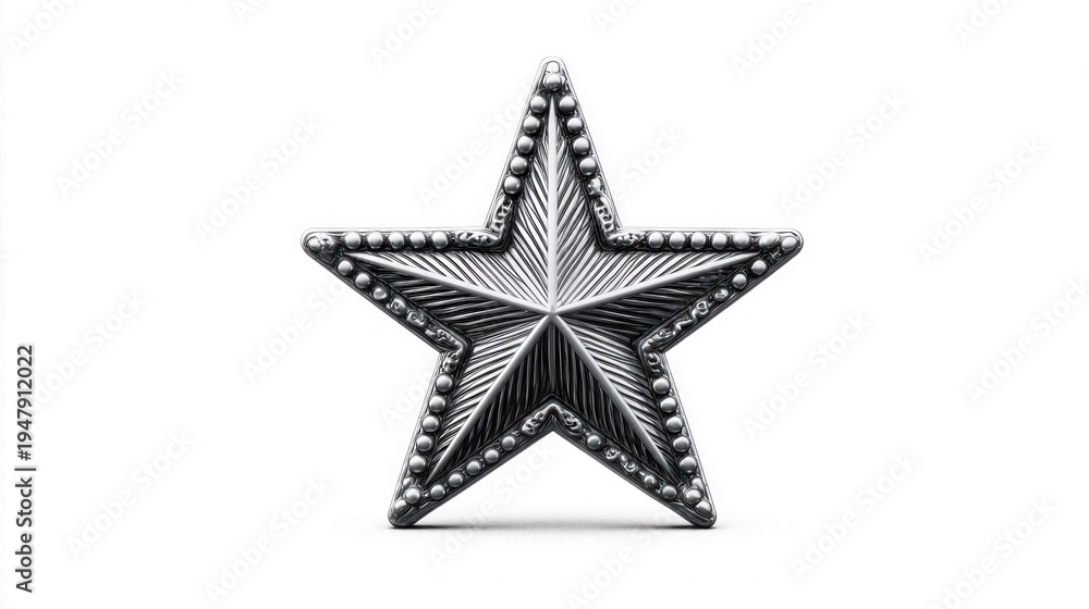 Obraz premium Ornate silver star award with detailed texture and beaded edges on a white background