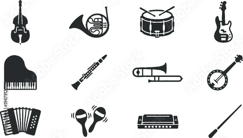 Set of 12 Black Silhouette Musical Instrument Icons Vector Collection for Music Education, Orchestra, Band, and Entertainment Design Elements
