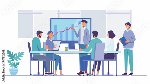 Business team analyzing data on screen in modern office