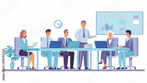 Business team collaborating in modern office with laptops and presentation