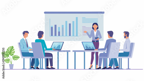 Businesswoman presenting data analysis to team in modern office