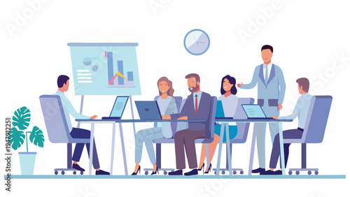 Business team collaborating on project with laptops and presentation